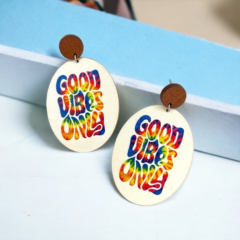 “Good Vibes Only” Rainbow Tie Dye Earrings - Brand New - Picture 2 of 6